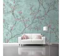 Photo Wallpaper 98.4" x 68.8" Non-Woven Premium Art Print Fleece Wall Mural Decoration Chinese Style Cherry Blossom Branches Elegant Home Decor Art for Bedroom Living Room Pink Cyan