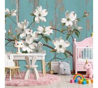 Photo Wallpaper Abstract Rustic Style Tree Branches Flowers, 400 x 280 cm 3D Effect Panoramic Wall Paper, Blue Non-Woven Fabric Mural Wall Easy to Install Clean for Dining Room Bedroom Living Room