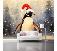 Photo Wallpaper Adorable Christmas Hat Penguin 99" x 69"/250 x 175 cm(WxH) Non-Woven Wallpaper Wall Mural, Living Room Bedroom Modern Mural Beige Wall Decoration