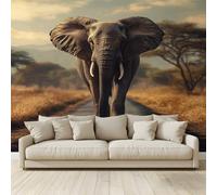 Photo Wallpaper African Elephant Walking on Asphalt Road Non-Woven Art Print Wall Mural Decoration Poster Picture Design Modern 3D Effect, for Cafe Restaurant Theme Hotel 350 (W) x 256 (H) cm