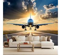 Photo Wallpaper Airplane 500 x 280 CM, 3D Sunset Airport Runway Non-Woven Mural, Bedroom Matte Wall Paper Poster, Living Room Waterproof Large Wall Murals, TV Background Wallpaper Mural