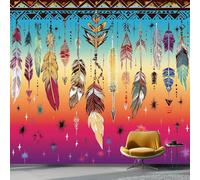Photo Wallpaper American Style Native American Patterns Feathers Theme, Non-Woven Art Print Wallpaper 150 x 105 cm, Modern Wall Mural Design for Living Room Kids Bedroom Photo Wall Decoration, Purple