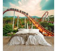 Photo Wallpaper Amusement Park Theme Roller Coaster Non-Woven Art Print Wall Mural 250x175 cm Decoration Poster Picture Design Modern Living Room Kitchen Bedroom Wall Mural, Turquoise