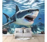 Photo Wallpaper Animals Great White Shark 3D Effect Panoramic Mural Wallpaper Non-Woven Living Room Wall Decoration Blue Poster Mural Wallpaper for Adult Children Bedroom 350 x 256 cm Art Wallpaper