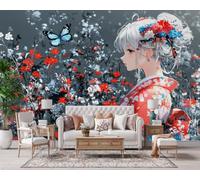 Photo Wallpaper Anime Girl Non-Woven Matt Paste the Wall Mural | Wipeable Panoramic Mural Wallpaper Japanese Kimono Waterproof Wall Art 500x280 cm for Living Room Bedroom Kid Room e83