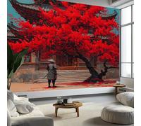 Photo Wallpaper Anime Japanese Samurai Sakura Tree Temple 250 x 175 cm Mural Large TV Background - Red Non-Woven 3D Murals for Living Room Bedroom Decoration Poster Wall Covering