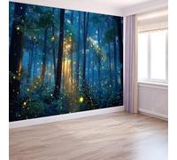 Photo Wallpaper Anime Style 400 X 280 Cm Non-Woven Forest Fireflies Mural Decoration Poster Picture Design for Room Sofa Tv Background Self-Adhesive, DIY Wallpaper Decorate Dark Blue