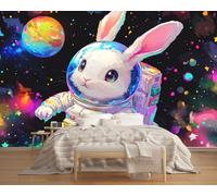 Photo Wallpaper Astronaut Rabbit 200x150cm,Colorful Starry Sky Silk Cloth Decor Wallpaper for Living Room Bedroom Kids Room Nursery