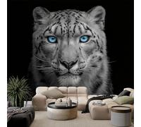 Photo Wallpaper Black White Snow Leopard Portrait 250 x 175 cm Black Wall Mural, Non-Woven Fleece Modern Print Murals Wall Art for Bedroom Living Room Home Decor