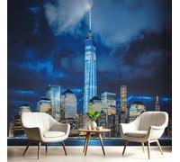 Photo Wallpaper Blue Gold Dark Clouds And High-Rise Buildings,450X300Cm Wall Large Mural New York Night Scene Tv Artwork Background Art 3D Murals Living Room Bedroom Decoration Silk Sticker Painting