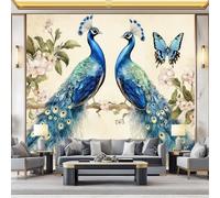 Photo Wallpaper Blue Peacock Butterfly Apple Blossoms Print 250 x 175 cm - Premium Non-Woven Wall Mural Poster Decoration Design, Watercolor Painting for Living Room, Bedroom, Office