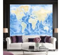Photo Wallpaper Blue World Map Wall Decor, Watercolor Style Wall Mural, 300 x 210 cm (W x H) for Living Room Bedroom Children's Room Corridor Office