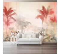 Photo Wallpaper Bohemia Palm Trees Flowers and Leaves Non-Woven Premium Art Print Fleece Wall Mural Decoration Poster Picture Design 350 x 256 cm Murals for Living Room Kids Bedroom, Pink Green