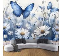 Photo Wallpaper Butterflies and Daisies 300×210 Cm 3D Printing Wall Mural Decoration Poster Picture Design Realistic Flowers Living Room Kitchen Bedroom Wall Mural, Blue
