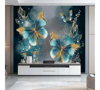 Photo Wallpaper Butterflies and Water Drops 200 x 140 cm, Non-Woven Wall Art Mural Luxury Style Wallpaper for Bedroom Living Room Bathroom Adults, Not Peel and Stick, Green Gray