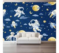 Photo Wallpaper Cartoon Astronaut Stars Moon Non-Woven Premium Art Print Fleece Wall Mural Decoration Poster Picture Design 200 x 140 cm Murals for Living Room Kids Bedroom, Navy Blue Yellow