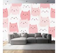 Photo Wallpaper Cartoon Cat Cute Mural Panoramic 118.1" x 82.7" Decoration Wallpaper for Living Room Bedroom Children's Room Pink White