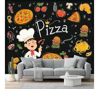 Photo Wallpaper Cartoon Chef Pizza Food Non-Woven Premium Art Print Fleece Wall Mural Decoration Poster Picture Design 200 x 140 cm Murals for Living Room Kids Bedroom, Colorful Black