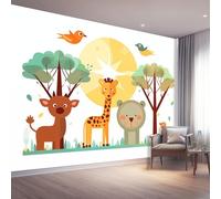Photo Wallpaper Cartoon Jungle Animals Giraffe 250 x 175 cm, Wall Mural Deco Premium Non-Woven Art Print Wallpaper for Living Room Home Decoration Bedroom Kitchen Wall Paper, Colorful