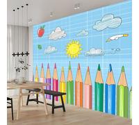 Photo Wallpaper Cartoon Pencil Sun Photo Wallpaper 3D Effect Wall Wallpaper UV Resistant 200 x 140 cm for Living Room Bedroom Hallway Non-Woven Wallpaper Motif Wallpaper Wall Decoration Colourful