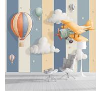 Photo Wallpaper Cartoon Style Hot Air Balloons, Airplanes, Clouds Light Blue 200x140cm Wall Mural Silk Panoramic Poster Home Decoration Wallpaper Murals for Living Room, Bedroom, Kids Room, Office