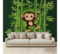 Photo Wallpaper Cartoon Style Monkey Bamboo Non-Woven Art Print Wall Mural Decoration Poster Picture Design Modern 3D Effect, for Cafe Restaurant Theme Hotel 300 (W) x 210 (H) cm