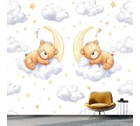 Photo Wallpaper Cartoon Teddy Bear Clouds Moon Theme, Non-Woven Art Print Wallpaper 350 x 256 cm, Modern Wall Mural Design for Living Room Kids Bedroom Photo Wall Decoration, White