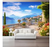 Photo Wallpaper Castle Pattern 350 x 256 cm, Non-Woven Wall Art Mural Blue Retro Architectural Style Wallpaper for Bedroom Living Room Bathroom Adults, Not Peel and Stick