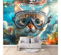 Photo Wallpaper Cat Fish Sea 400x280 cm 3D Printed Animal Wall Paper Non-Woven Fabric No Adhesive Backing Mural Wall Easy to Install Clean for Dining Room Interiors Poster Bedroom Accessories