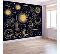 Photo Wallpaper Celestial Body Pattern 400 x 280 cm, Non-Woven Wall Art Mural Simple Bohemian Style Wallpaper for Bedroom Living Room Bathroom Adults, Not Peel and Stick, Black Gold