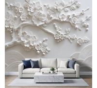 Photo Wallpaper Cherry Blossom Relief Panoramic Mural 300 x 210 cm | Non-Woven Wall Murals, 3D Minimalist Floral Wallpaper for Living Room Kitchen Dining Room Bedroom Hallway