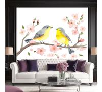 Photo Wallpaper Cherry Blossom Trees Warblers Wall Decor, 450 x 280 cm - Premium Non-Woven 3D Print Kids Bedroom Home Poster Decoration Poster Picture Design - Watercolor Style