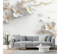 Photo Wallpaper Cherry Blossoms Magnolias Wall Decor, White Marble Wall Mural, 350 x 256 cm (W x H) for Living Room Bedroom Children's Room Corridor Office
