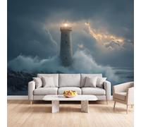 Photo Wallpaper Coastline Lighthouse Giant Waves, 200 x 140 cm Non-Woven Wall Mural Art Print Decoration, Nature Ocean Mural Wallpaper for Living Room Bedroom Poster Picture Design