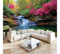 Photo Wallpaper Colorful 200 x 140 cm - Wall Mural Deco Premium Non-Woven Beautiful Waterfall Forest Flowers Print Wallpaper for Living Room Home Decoration Bedroom Kitchen Wall Paper