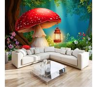 Photo Wallpaper Colorful 200 x 140 cm - Wall Mural Deco Premium Non-Woven Cartoon Forest Flowers Mushrooms Print Wallpaper for Living Room Home Decoration Bedroom Kitchen Wall Paper