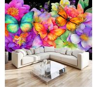 Photo Wallpaper Colorful 250 x 175 cm, Watercolor Flowers Insects Butterflies Non-Woven Decoration Print Wall Mural Living Room - for Bathroom Office Home Decorations