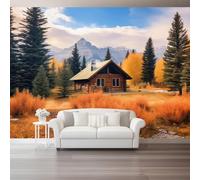 Photo Wallpaper Cottage Autumn Landscape Motif 400 x 280 cm - Natural Rustic Style Wall Mural Non-Woven Murals Wall Art Fleece Brownish-Yellow Print Home Decoration Design for Living Room