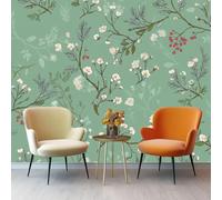 Photo Wallpaper Country Style Small White Flowers Plant Branches Decor Wall Mural, for Living Room Children's Bedroom 200 x 140 cm Non-Woven Premium Photo Wallpapers Mint Green Indoor Home Background