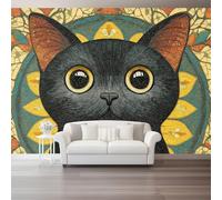 Photo Wallpaper Cute Black Cat 300 x 210 cm - Cartoon Style Wall Mural Non-Woven Murals Wall Art Fleece Colorful Print Home Decoration Design for Living Room