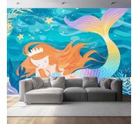 Photo Wallpaper Cute Mermaid Pattern 79" x 55"/200 x 140 cm(WxH), Non-Woven Wall Art Mural Cartoon Style Wallpaper for Bedroom Living Room Bathroom Adults, Not Peel and Stick, Blue-Green