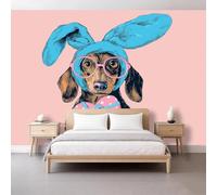 Photo Wallpaper Dachshund with Bunny Ear Hat 450 x 315 cm Non-Woven Premium Wall Mural, Fun Cartoon Photo Wallpaper Modern Poster Picture Decoration for Dining Room Hallway Lounge Wall Decoration