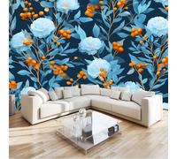 Photo Wallpaper Dark Blue 200 x 140 cm, Beautiful Pastoral Flowers Non-Woven Decoration Print Wall Mural Living Room - for Bathroom Office Home Decorations