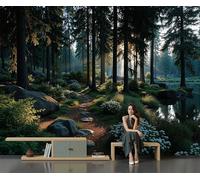 Photo Wallpaper Dense Forest Landscape 200 X 150 Cm 3D Wall Mural Non-Woven Nature Theme Wall Mural Photo Wallpaper Decoration Poster for Living Room Kids Bedroom, Dark Green