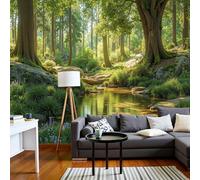 Photo Wallpaper Dense Forest Scene 250 × 175 Cm - Wall Mural Deco Sunlight Filters Through Leaves Dapples Stream Wallpaper For Living Room - Home Decoration Bedroom Kitchen Wall Paper - Sage Green