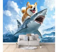 Photo Wallpaper Dog Shark Sea 500x280 cm 3D Printed Animal Wall Paper Non-Woven Fabric No Adhesive Backing Mural Wall Easy to Install Clean for Dining Room Interiors Poster Bedroom Accessories