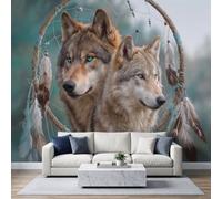 Photo Wallpaper Dreamcatcher Wolf Head Panoramic Mural 500 x 350 cm | Non-Woven Wall Murals, Dreamy Native Animals Wallpaper for Living Room Kitchen Dining Room Bedroom Hallway