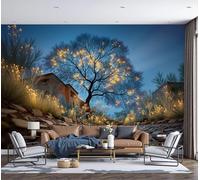 Photo Wallpaper Dreamy Healing 450x315cm 3D Effect Wall Mural Glowing Dead Tree Night View Silk Premium Art Print Decoration Poster Picture Design for Living Room, Bedroom Office Wall Decor, Blue