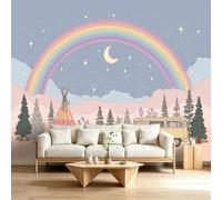 Photo Wallpaper Dreamy Rainbow Teepee, Vintage Camper Van Starry Sky Photo Wall Mural Non-Woven Print Wallpaper, 300 x 280 cm Picture for Living Room Corridor Wall Murals Home Poster Decoration