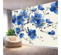Photo Wallpaper Eastern Style Ink Painting Flowers Branches Wall Murals Wallpaper, Blue Cream Decor Wall Mural for Living Room Bedroom Children's Room Home Decoration, 350 x 256 cm